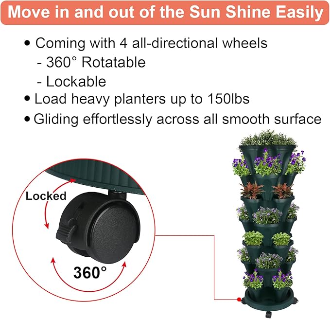 GameXcel Vertical Planter 7 Tier Stackable Planters Garden Planters Strawberry Herb Flower and Vegetable Planter Indoor Outdoor Gardening Pots with Removable Wheels and Tools