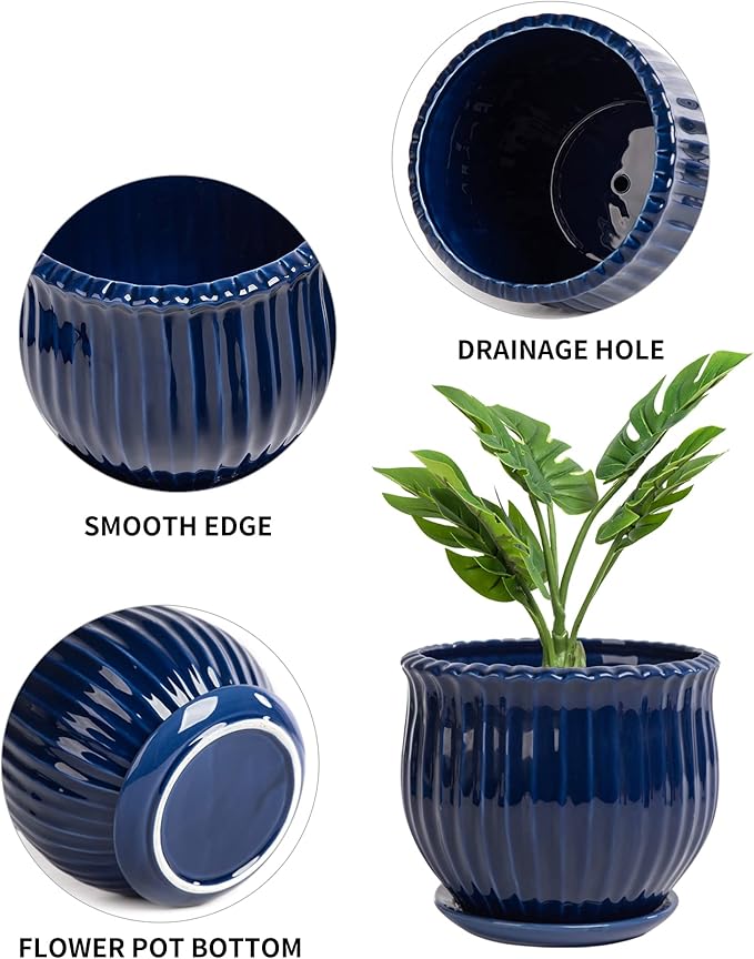 Ceramic Flower Pots, Ceramic Planters with Drainage Hole and Saucer, Modern Round Ceramic Succulent Plant Pots with Stripe Texture, Small to Medium Sized, Set of 3, Navy Blue
