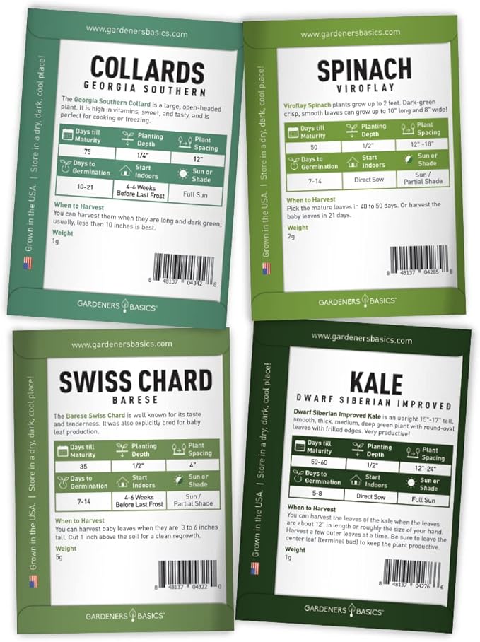Gardeners Basics, 8 Leafy Garden Greens Seeds for Planting Individual Packets - Arugula, Collards, Spinach, Swiss Chard, Kale, Lettuce, Leafy and Butter Lettuce Seeds for Your Heirloom Salad Garden