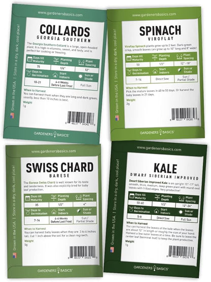 Gardeners Basics, 8 Leafy Garden Greens Seeds for Planting Individual Packets - Arugula, Collards, Spinach, Swiss Chard, Kale, Lettuce, Leafy and Butter Lettuce Seeds for Your Heirloom Salad Garden