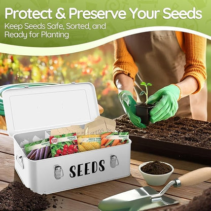 Flexzion Seed Saving Box - Metal Seed Storage Organizer Box with Lid, 4 Spacious Compartments Storage Bin for Garden Tools & More with Safety Locks, White