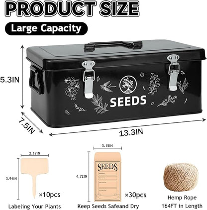 Seed Storage Box, Seed Storage Organizer with Garden String, 30 Seed Envelopes and Bamboo Plant Labels, 4 Compartments Garden Seed Organizer Box with Safety Locks, Black