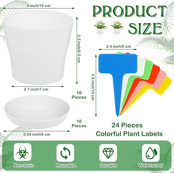 Aodaer 16 Pack 4 Inch Plastic Planters with Multiple Drainage Holes and Tray Indoor Outdoor Flower Plant Nursery Pots with Labels Flower Seedling Pots for Herb Garden Home Succulents, White