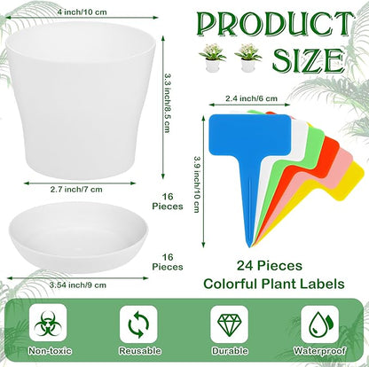 Aodaer 16 Pack 4 Inch Plastic Planters with Multiple Drainage Holes and Tray Indoor Outdoor Flower Plant Nursery Pots with Labels Flower Seedling Pots for Herb Garden Home Succulents, White