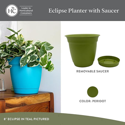 The HC Companies 12 Inch Eclipse Round Planter Pots with Drainage Holes & Attached Saucer, Lightweight UV-Resistant Plastic Indoor Outdoor Planters, 2-Pack Flower Pots for Garden & Home Decor, Peridot