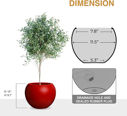 9.7" H x 12" D Red Fiberstone Round Planter with Drainage Hole, Chinese & Lunar New Year Home Decor Pot, Smooth Finish, Weather Resistant Indoor & Outdoor, 2 Coco Mats (7.8" Opening)