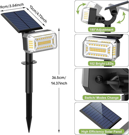 Solar Spot Lights Outdoor, 102 LED Solar Garden Yard Spotlight Waterproof Landscape Flood Powered Lights with Adjustable Light & Panel, 4 Lighting Modes for Pathway Driveway, 4 Pack(Warm White)