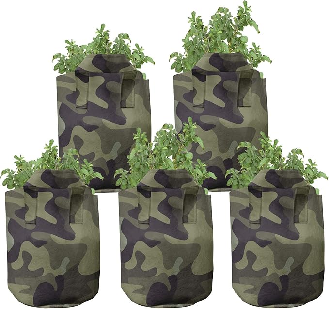 Ambesonne Khaki Grow Bags 5-Pack, Camouflage Motif Camo Stains, Heavyduty Fabric Pots with Handles for Plants, Green Brown