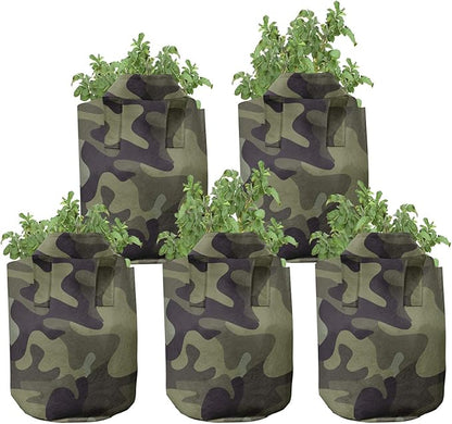 Ambesonne Khaki Grow Bags 5-Pack, Camouflage Motif Camo Stains, Heavyduty Fabric Pots with Handles for Plants, Green Brown