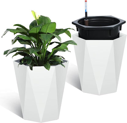 GarveeLife 16 Inch Tall Planters Set of 2, Outdoor Planters Self Watering Plant Pots with Water Level Monitor, Multiple Drainage Holes, Flower Pots for Patio, Porch, Living Room, or Home Office, White