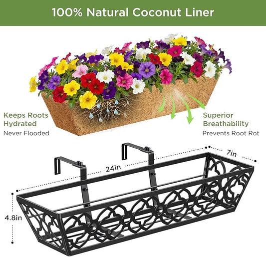 HFHOME 24 Inch Window Deck with Coco Liner, 24" Window Boxes Horse Trough with Coconut Coir Liner, Black Metal Hanging Flower Planter Basket Railing Planter for Outdoor Indoor Lawn - 2 Pack