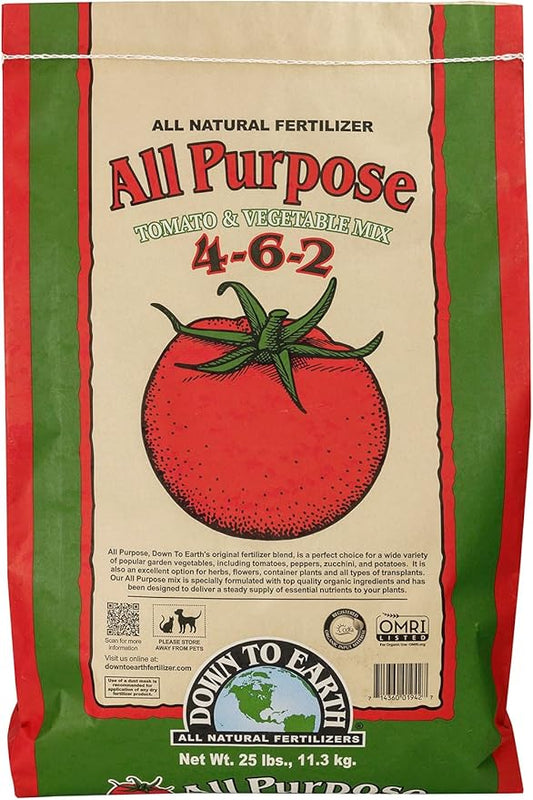 Down To Earth All Natural Fertilizers Organic All Purpose Tomato & Vegetable Mix - Plant Food for Tomatoes, Peppers, Herbs and Flowers 4-6-2, 25 lb