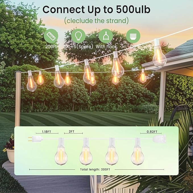 String Lights for Outside 200FT Patio Lights, LED String Light with 100+6(Spare) Waterproof Edison Bulbs, Hanging White Outdoor Light for Backyard, Bistro, Porch, Balcony,White Cord
