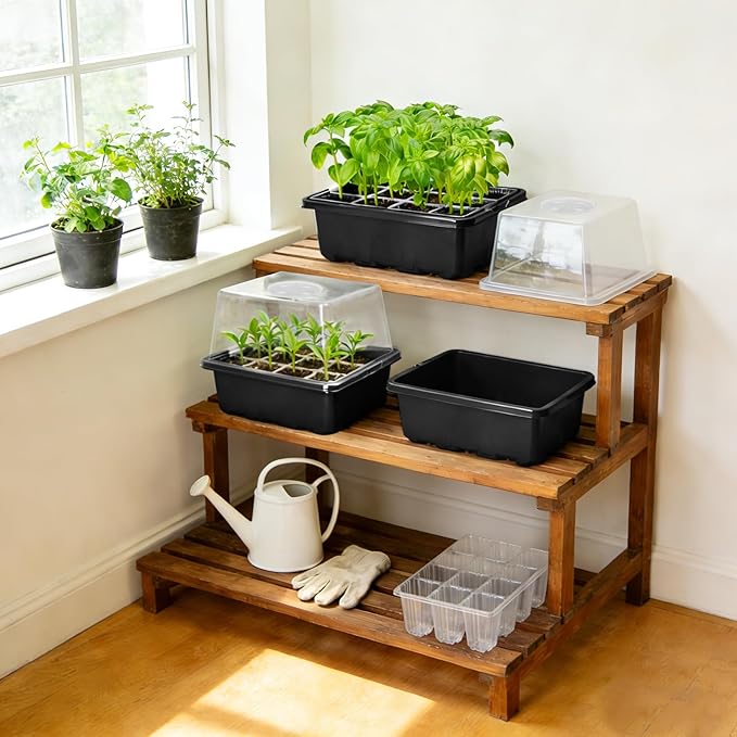MIXC Seed Starter Tray with Elevated Lid, 120 Cells Seed Starter Kit with Adjustable Humidity Dome, Drainage Hole, Clear Heightened Lids for Indoor Outdoor Greenhouse Gardens, 10 Pack, Black