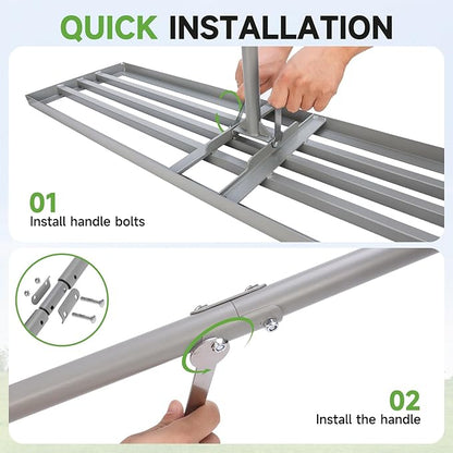 Lawn Leveling Rake – Heavy-Duty Galvanized Steel Yard Leveling Rake with Adjustable 48x12 Inch Rack Head & Extendable 52-78 Inch Handle, Rust-Resistant, All-Welded, Gloves Included