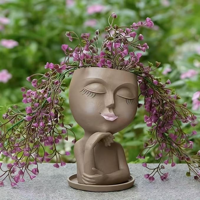 1 PCS Face Planter Pot Cute Lady Face Resin Succulent Planters with Drainage Holes Indoor Outdoor Coffee Table and Garden Balcony Decor Gift IdeaI for Mother Christmas (Brown)