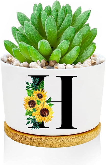 Sunflower Succulent Plant Pots 3 Inch Ceramic Cactus Flower Pots Personalized Initials H Sunflower Gifts for Women Mom Sister,Birthday Housewarming,Wedding,Window Garden Desk Decor