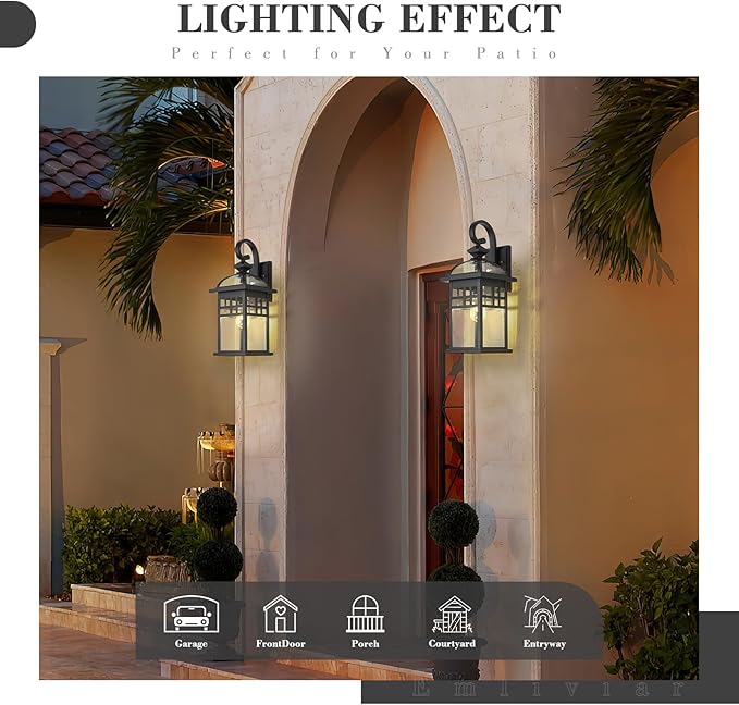Emliviar Large Black Outdoor Wall Light, 22 Inch Farmhouse Outdoor Lights for House, Die-cast Aluminum with Seeded Glass Shade, DE281B-M BK