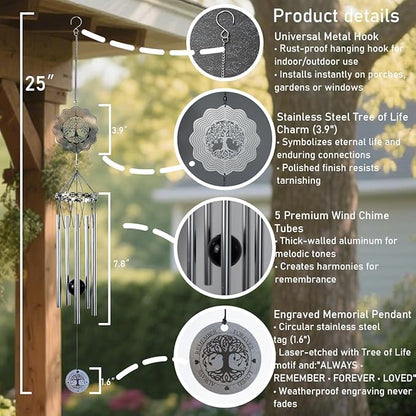 Tree of Life Memorial Wind Chimes - Sympathy Gifts for Loss of Loved One, Outdoor Windchime in Memory of Mom/Dad with Keepsake Card and Gift Box
