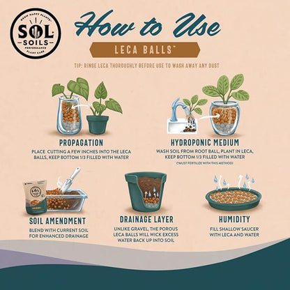 Sol Soils LECA Balls - Lightweight & 100% Natural Hydroponic Clay Pebbles for Plants - Soil Amendments to Improve Drainage, Aeration, and Support Healthy Root Growth - 1 Quart