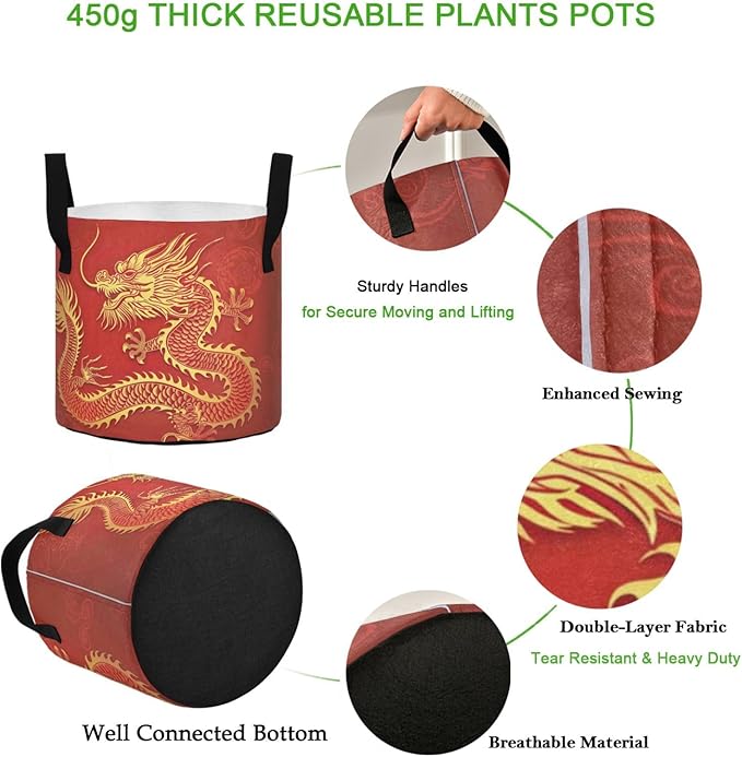3 Gallon Chinese Dragon in Red Grow Bag Heavy Duty Thickened Plant Pot Containers with Handles for Potato Tomato Flowers Fruits Vegetables