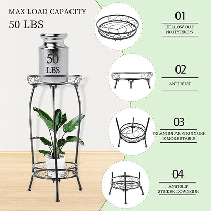 Plant Stand Indoor Outdoor，Tall Black Metal Rustproof Stable Plant Stands，2 Tier 27.1 inch (2PS-Iron)
