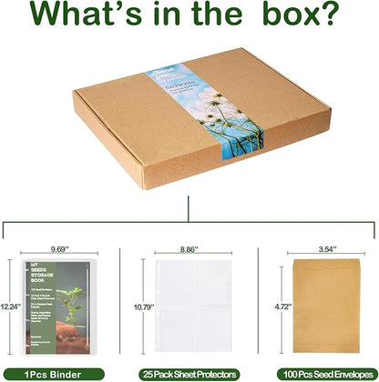 Seed Packet Organizer Kit - 100Pcs Seed Storage Envelopes, 1 Binder with 25 Pack Clear Sheet Protectors (4 Pockets Each, Slot Size 3.9" x 5.2"), Fit for Standard Seed Packets - Green