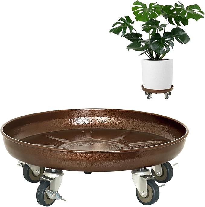 Plant Saucer 14" Rolling Plant Caddy Rolling Plant Stand with Wheels – Heavy Duty Metal, Locking, Sturdy, Rust-Resistant Finish, and Easy to Move, 390 lb Capacity