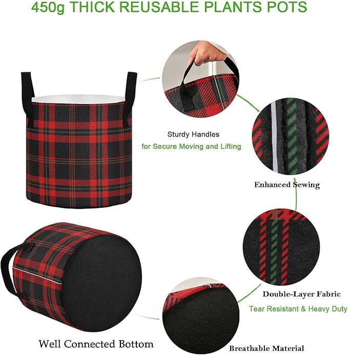 5 Gallon Black Red Tartan Plaid Scottish Pattern Breathable Grow Bag Heavy Duty Thickened Plant Pot Containers Bag with Handles for Potato Tomato Flowers Fruits Vegetables