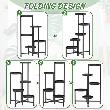 iDavosic.ly Plant Stand with Garden Tools, 5 Tier Corner Metal Flower Display Holder Shelf Indoor Outdoor, Easy Assembly Folding Tall Orchid Rack for Patio Balcony Porch Living Room House, Black