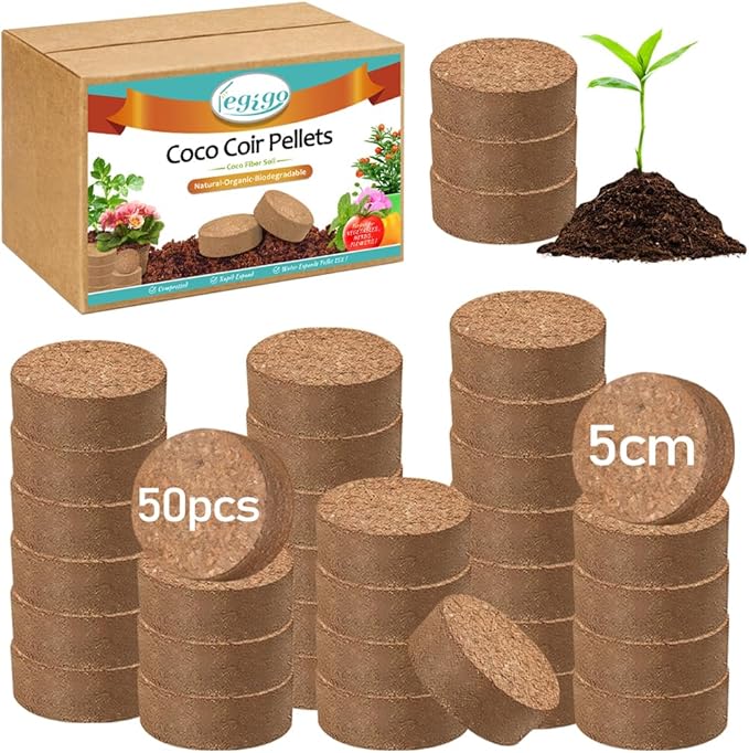 Legigo 50 PCS 50mm Coco Coir Pellets Potting Soil Mix- Compressed Coconut Coir Discs Seed Starting Soil Pellets, Coco Peat Soil Pods for Indoor & Outdoor Plants, Gardening Herbs Bonsai and Vegetables