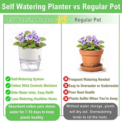3.2 Inch Self Watering Planters Plastic Planter Pots 3 Pack Wicking Flower Pots Modern Decorative Planter for Small African Violets House Plants,Herbs,Indoor Outdoor Plant (White)