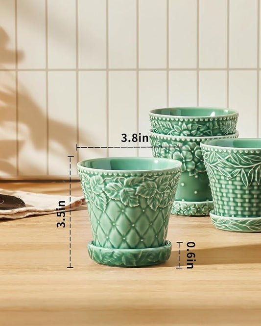 Succulent Ceramic Pots, 3.8 Inch Small Plant Pots with Drainage Hole & Saucer, Flower Planter Pot for Indoor Plants Cacti, Home Decor, Set of 4, Green