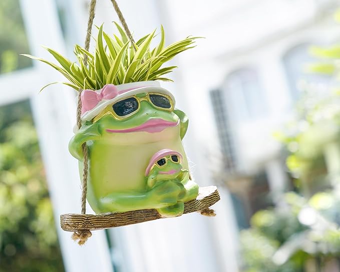 Swing Frog Hanging Planters for Indoor Plants, 6.3 Inch Hanging Baskets for Plants Outdoor, Small Succulent Pots with Drainage Hole, Resin Plant Hangers Outdoor for String Of Pearls, Gift for Mom