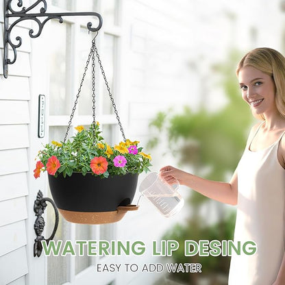 2 Pack 12 Hanging Flower Pots with Chains Self Watering Plastic Planters for Indoor Outdoor Plants, Sturdy Triangular Iron Chain Design for Garden PorchPlastic hanging flower pots(2, Black Brown)