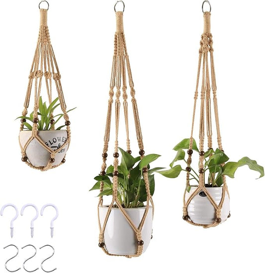 3-Pack Macrame Plant Hanger Indoor - Hanging Planter Basket for Indoor Outdoor - Decorative Boho Plant Holders Set with Beads - Ceiling Flower Pot Holder with 6 Hooks - 35"/30"/24" Linen