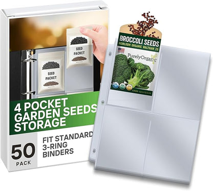 Performore Seed 400 Storage Organizer Sleeves (3.5" x 5.25") – 4 Pocket Garden Seed Organizer Fits Standard 3-Ring Binders – for Seed Packets, Coupons, Photos, and Cards – 50 Pack