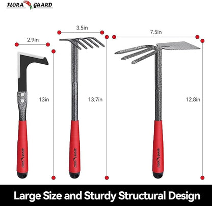 FLORA GUARD Garden Tools Set, 6-Piece Heavy Duty Gardening Hand Tools with Soft Rubber Handle, Includes Trowel, Rake, 2-in-1 Hoe & Crack Weeder, Durable Yard Tools, Essentials Garden Gift Men Women