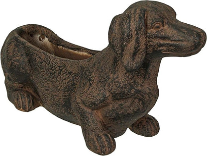 Whimsical Dachshund Dog Resin Planter: Rustic Brown Finish, Indoor-Outdoor Decor, 20 Inches Long, Weather-Resistant Succulent, Herb, and Flower Plant Pot