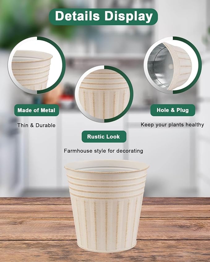 vensovo 6 Inch Beige Metal Rustic Flower Pots - 6Pcs Galvanized Planters with Drainage Hole and Rubber Plug, Rustproof Metal Bucket Plant Pots Farmhouse Vintage Style for Decor