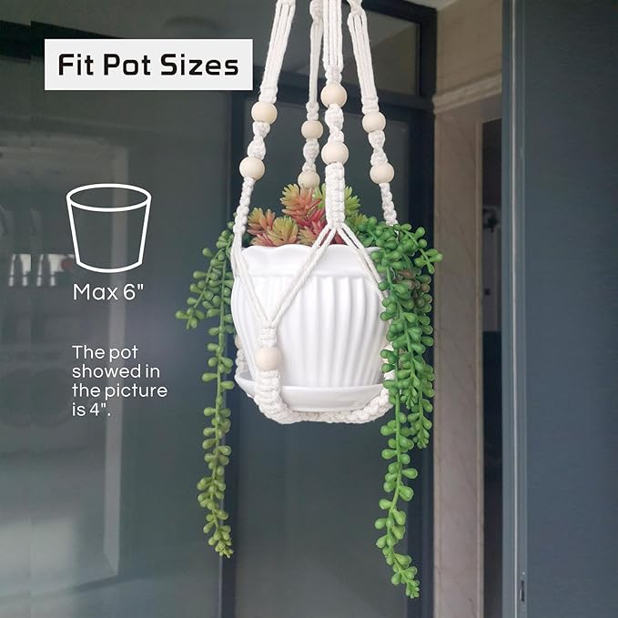 Macrame Plant Hanger 23", Set of 2 No Tassel Hanging Plant Holder Indoor, Sturdy Flower Pot Holder with 4 Hooks - Ivory (Pot NOT Included)
