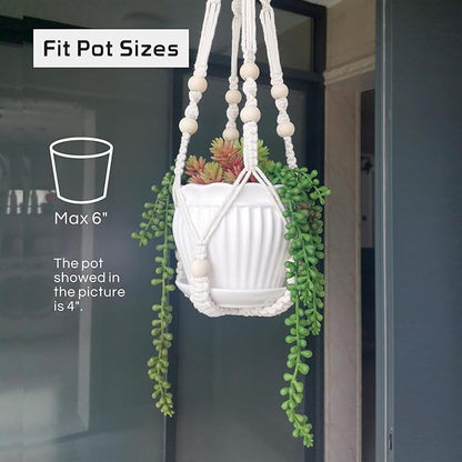 Macrame Plant Hanger 23", Set of 2 No Tassel Hanging Plant Holder Indoor, Sturdy Flower Pot Holder with 4 Hooks - Ivory (Pot NOT Included)