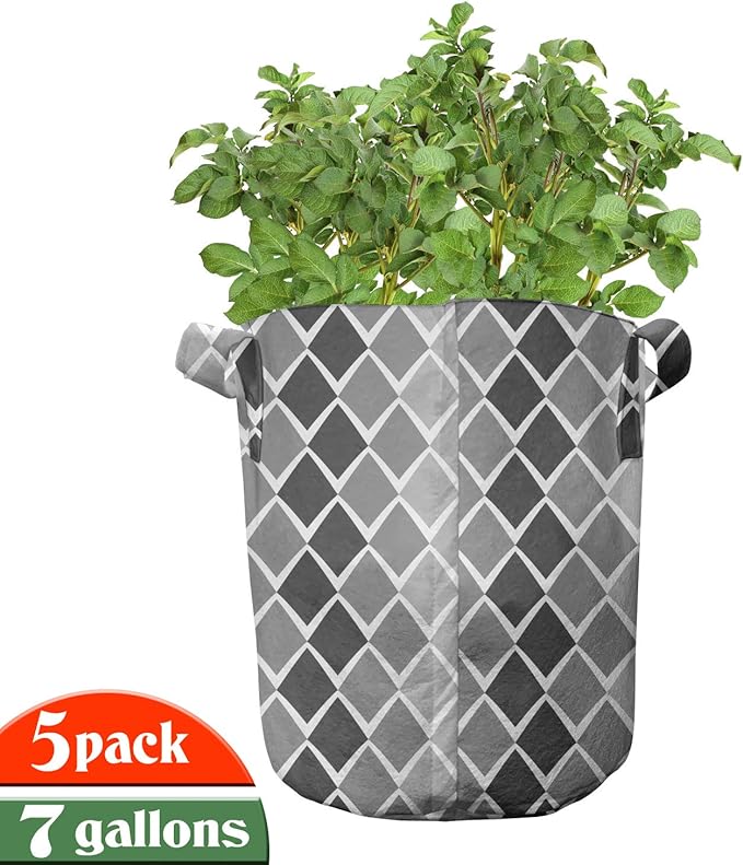 Ambesonne Grey and White Grow Bags 5-Pack, Geometric Ombre, Heavyduty Fabric Pots with Handles for Plants, Grey Charcoal