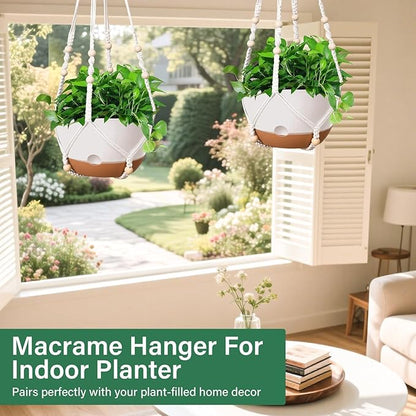 Hanging Planters for Indoor Plants, 2 Pack 8 Inch Self Watering Hanging Pots for Plants with Drainage Holes, Indoor Outdoor Hanging Flower Pots for Home Garden Ceiling Decor (White)