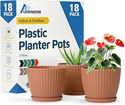 Terracotta 6-Inch Plant Pots with Drainage & Saucers 18 Pack, Indoor & Outdoor Planters for Houseplants, Herbs, and Flowers, Durable & Weatherproof Material, Stackable, Lightweight, Minimalist Design