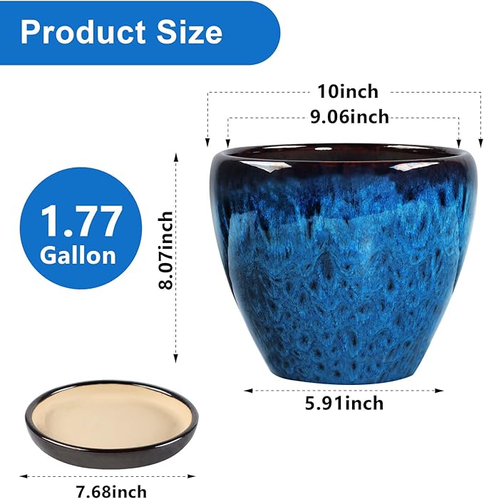Ceramic Plant Pots with Saucer,10 inch Glaze Large Planters for Indoor Plants with Drainage Holes, Decorative Flower Pots Outdoor,Modern Orchid Pots for Home Room Decor