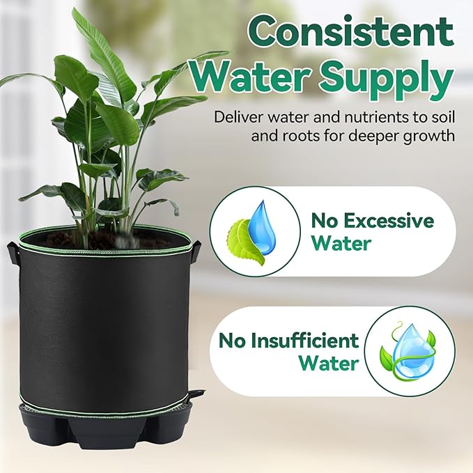 OTraki 4-Pack Self Watering Fabric Pot Base, Auto Watering System for 5 Gallon Fabric Pots, Plastic Plant Saucer Stand with Watering Lip Outdoor Garden Watering Base Plant Water Tray