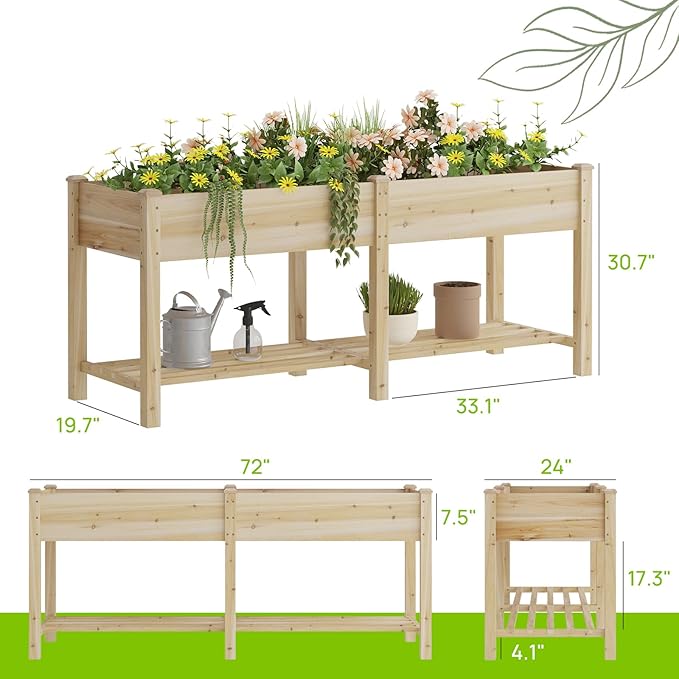Raised Garden Bed, Planter Box with Storage Shelf, Elevated Wooden Box with Legs, Garden Planter for Backyard, Patio, Balcony, Natural Wood, 72x24x30.7inch (Natural, L)