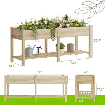 Raised Garden Bed, Planter Box with Storage Shelf, Elevated Wooden Box with Legs, Garden Planter for Backyard, Patio, Balcony, Natural Wood, 72x24x30.7inch (Natural, L)