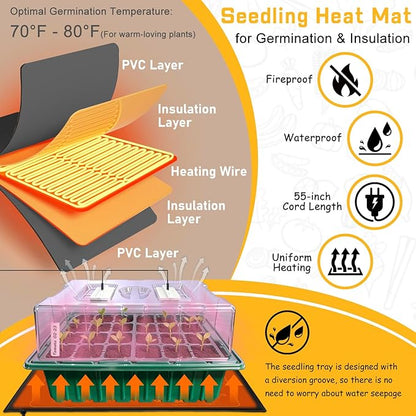 Seed Starter Tray with Grow Light and Heat Mat, Seed Starter Kit with Humidity Dome and Timing Controller, Adjustable Vent and Brightness, Ideal Germination Tray for Seed Starting and Seedling Growing